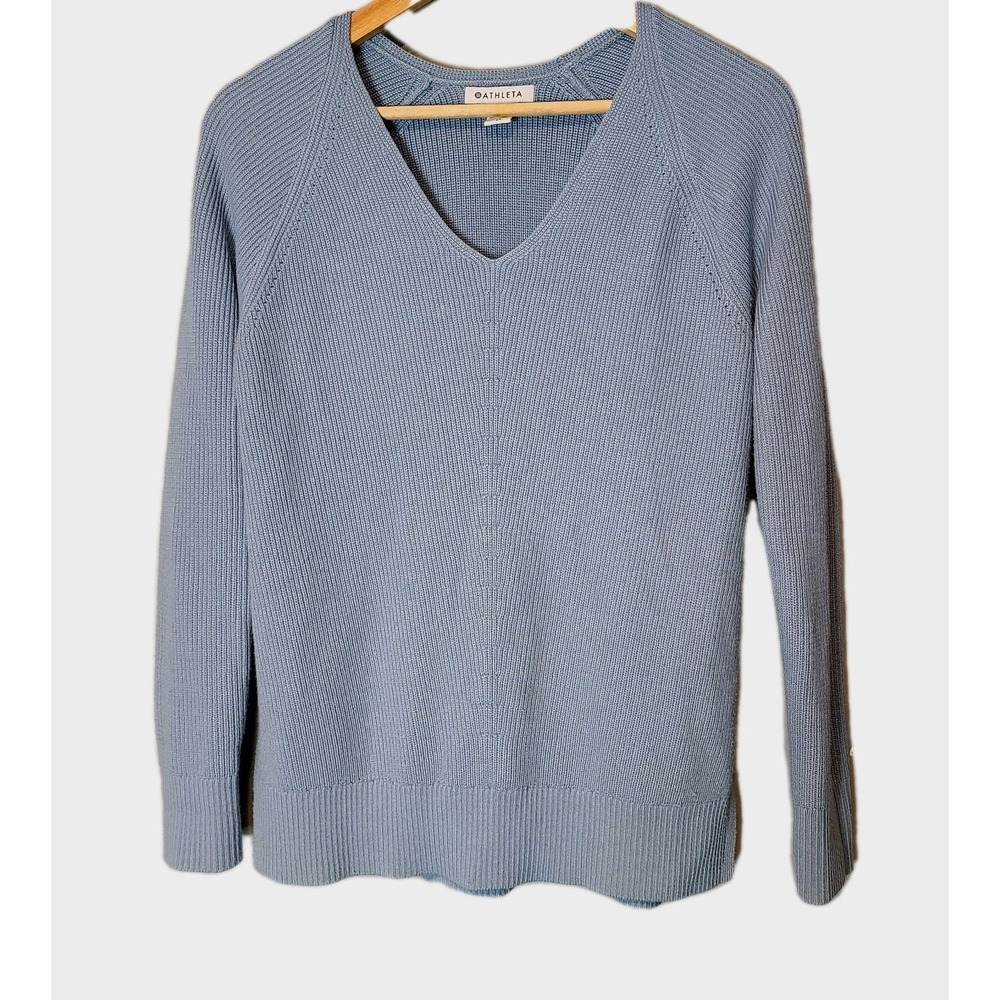 ATHLETA Womens Hanover Merino Wool Blend V-Neck Knit Sweater Blue XS Luxury